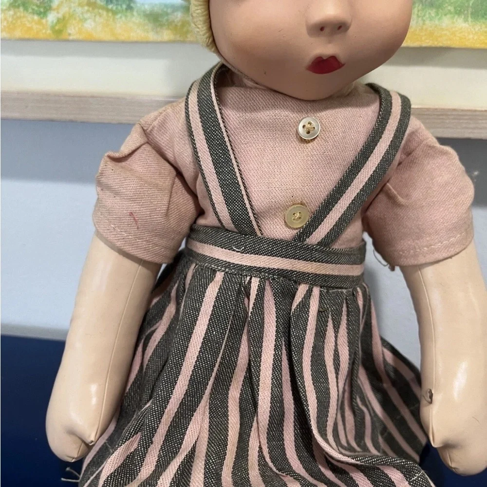Carnival Plastic Face Cloth Fabric Doll Blonde Yarn Braid Blue Eyes Vintage 60s